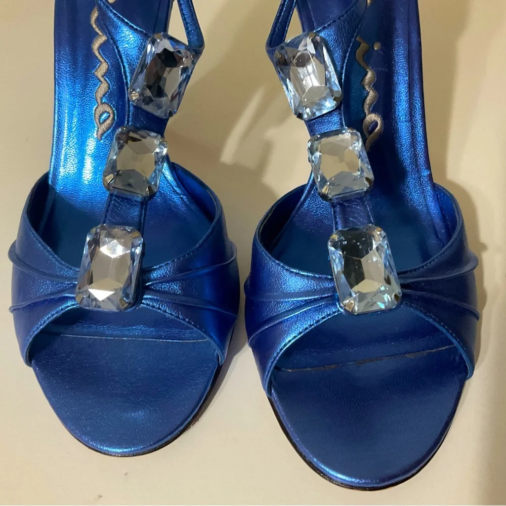 Nina Metallic Embellished Peep Toe Leather Heels Blue 8 1/2